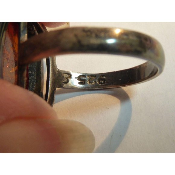 Modernist Amber & Sterling Silver Ring Signed E Size 9 - Picture 2 of 10